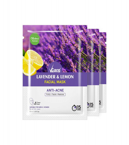 VCare Sheet Face Mask for Glowing Skin with Lavender and Lemon 30 ml (Pack of 6)