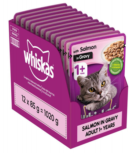 Whiskas Adult Wet Cat Food (1+Years), Salmon in Gravy Flavour, 12 Pouches (Free Shipping Worldwide)