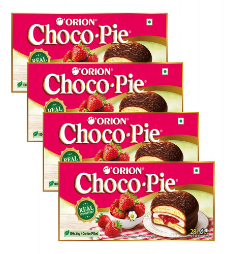 ORION Strawberry Choco Pie - 4 x 6 Piece Pack (24 pies)| Centre-filled Chocolate biscuit , free ship