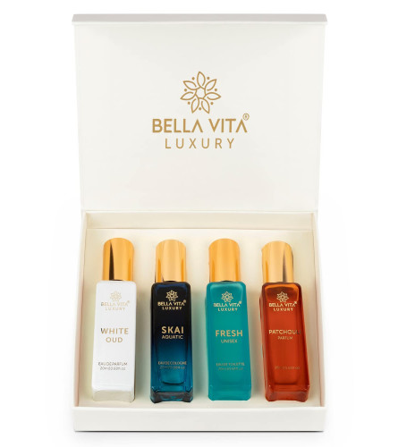 Bella Vita Luxury Unisex Eau De Parfum Gift Set 4x20 ML for unisex SKAI, FRESH, WHITEOUD, PATCHOULI