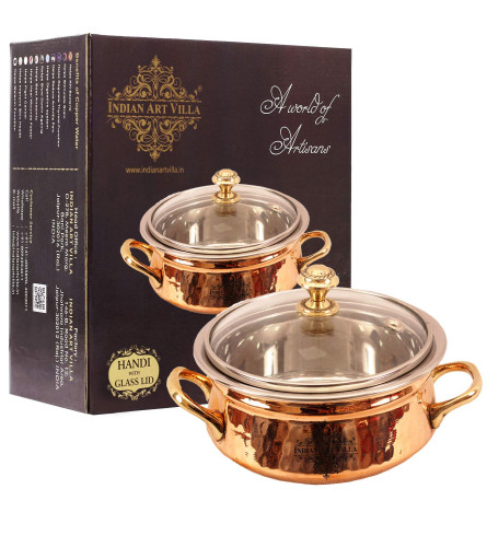 Indian Art Villa Steel Copper Handi Bowl with Glass Lid 500 ml (Fs)