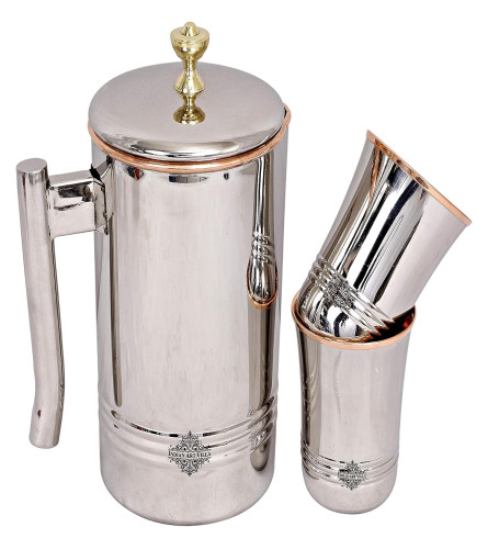 Indian Art Villa Copper Steel Jug And Glass Set - 3 Pieces, Brown Silver, 2000 ml (Fs)