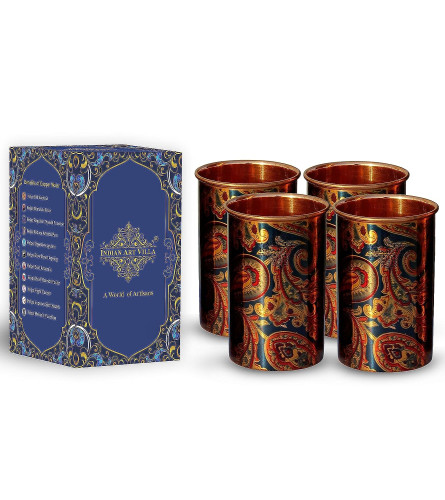 INDIAN ART VILLA Printed Copper Glass Tumbler, Drinkware & Serveware 300 ML, Blue, Set of 4