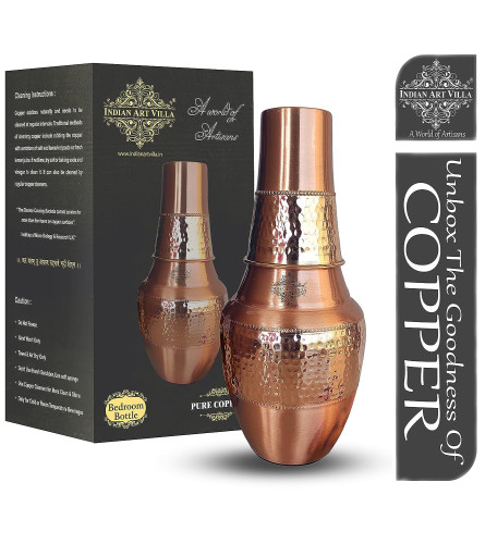 INDIAN ART VILLA Pure Copper Bedroom Water Bottle with Inbuilt Glass 1250 ml (Fs)