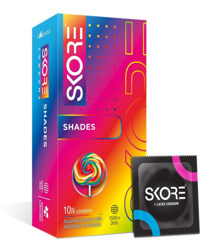 Skore Shades Assorted Colours | Extra Lubrication | Dots | Condom, 10 pieces