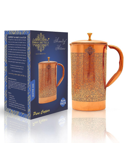 Indian Art Villa Full Embossed Design Copper Jug Pitcher with Brass Knob, Storage & Serving Water 1000 ml