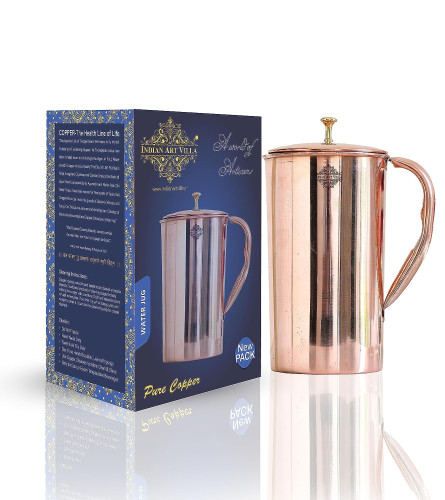 Indian Art Villa Plain Shine Design Copper Jug Pitcher with Brass Knob 1500 ml