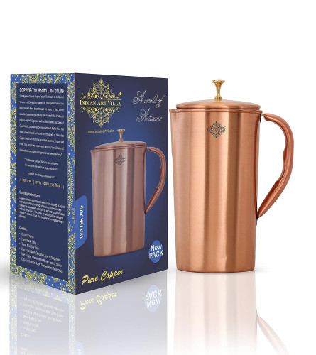 Indian Art Villa Plain Lacqure Coated Copper Jug Pitcher with Brass Knob 1500 ml