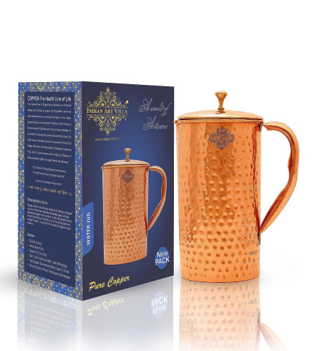 Indian Art Villa Hammered Design Copper Jug Pitcher With Brass Knob 1500 Ml
