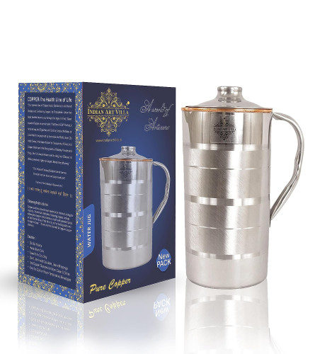 Indian Art Villa Steel Copper Luxury Design Jug Pitcher With Lid 1500 Ml
