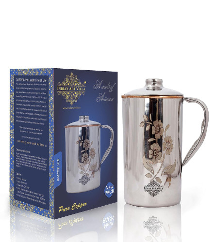 Indian Art Villa Steel Copper Floral Design Jug Pitcher with Lid, Storage & Serving Water 1500 ml