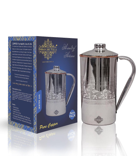Indian Art Villa Maintenance Free Embossed Design Steel Copper Jug Pitcher, Drinkware 1500 ml