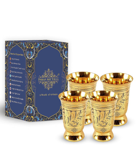 INDIAN ART VILLA Pure Brass Glass Tumbler with Mughlai Etched Design, for Drinking Serving Water 250 ml (Set of 4)