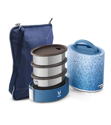 VAYA TYFFYN Stainless Steel Polished Lunch Box with Bagmat, 1 Litre, Dew