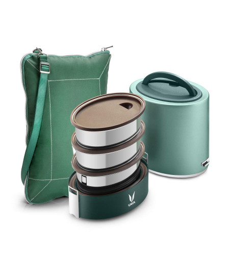 VAYA TYFFYN Green Polished Stainless Steel Lunch Box with Bagmat, 1000 ml, 3 Containers, Green