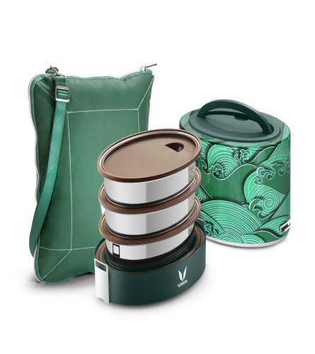 VAYA TYFFYN Polished Stainless Steel Lunch Box with Bagmat, 1000 ml, 3 Containers, Kimono