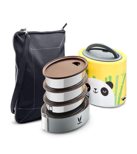VAYA TYFFYN Panda Polished Stainless Steel Lunch Box with Bagmat, 1000 ml, 3 Containers, Yellow