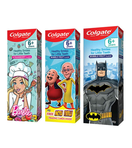 Colgate Kids Oral Care Variety Pack (for 6+ Years) Motu-Patlu, Batman & Barbie Toothpastes, 80g each