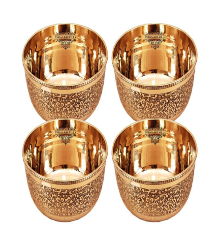 INDIAN ART VILLA Pure Brass Embossed Design Flat Bottom Bowl 220 ml, Set of 4