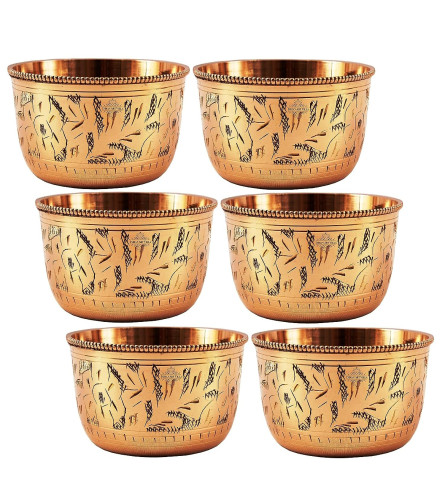 INDIAN ART VILLA Pure Brass Engraved Design Flat Bottom Bowl 100 ml Set of 6