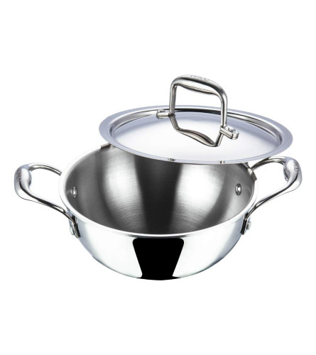 Vinod Platinum Triply Stainless Steel Extra Deep Kadhai with Stainless Steel Lid 1.1 litres Capacity