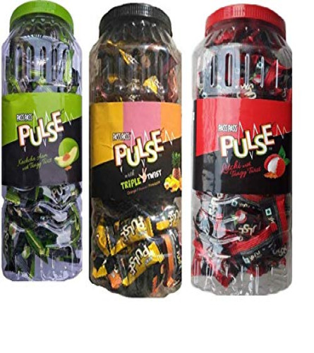 Pass Pass Pulse Kachcha Aam, Litchi,Orange Guava Pineapple Triple Twist Candy Jar (540 g)(Pack of 3)