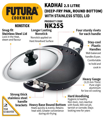 Hawkins Futura Kadhai antiaderente 2,5 L, 26 cm, 3,25 mm con coperchio SS (nero)
