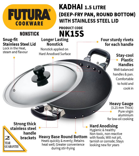 Hawkins Futura Padella profonda da 1,5 litri, Kadai antiaderente con coperchio