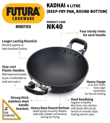 Hawkins Futura Padella profonda da 4 litri, Kadai antiaderente, Kadhai con fondo