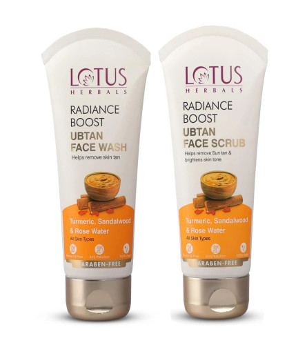 lotus-herbals-radiance-boost-ubtan-facewash-and-radiance-boost-ubtan-face-scrub-turmeric-sandalwood-and-rose-water-glowing-skin-reducing-dark-spots-100gm-each-free-shipping-worldwide-