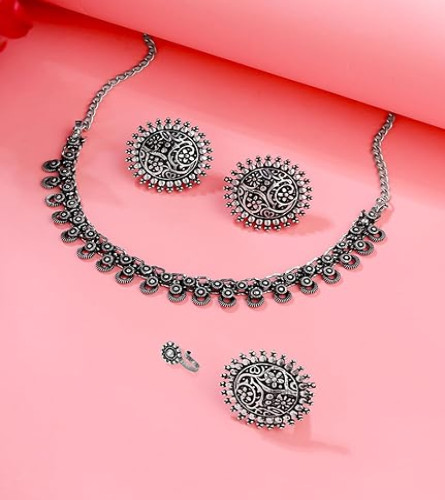 Oxidised Necklace Set For Women And Girls German Silver Oxidised Designed Ethnic Jewellery Choker Necklace Set For Women And Girls