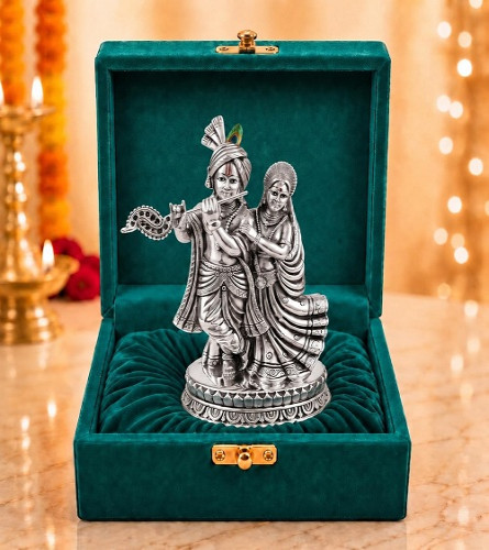 German Silver Plated Radha Krishna Idol for Gift - 5.3 Inch