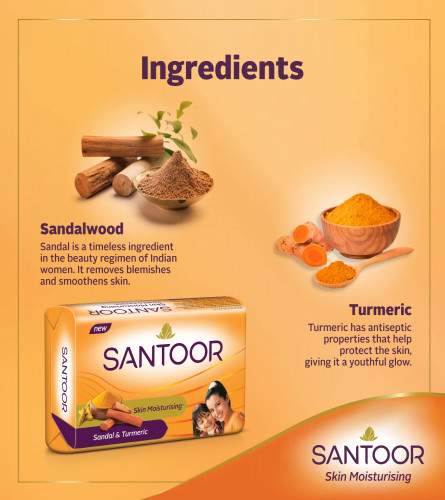 Santoor Sandal and Turmeric Soap (Pack of 4 soaps 125 g each)