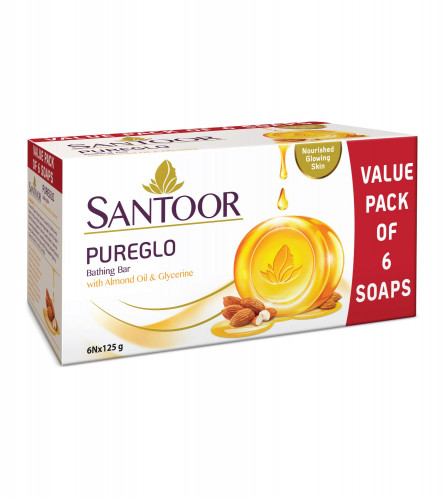 Santoor PureGlo Glycerine Bath Soap with Almond Oil 125 gm (Pack Of 6)
