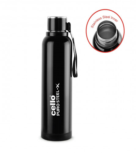 Cello Puro Steel-X Benz Stainless Steel Water Bottle with Inner Steel and Outer Plastic , 730 ml (Black) (free shipping)