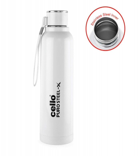 Cello Puro Steel-X Benz Water Bottle with Inner Stainless Steel and Outer Plastic (730 Ml, White), 1 Piece (free shipping)