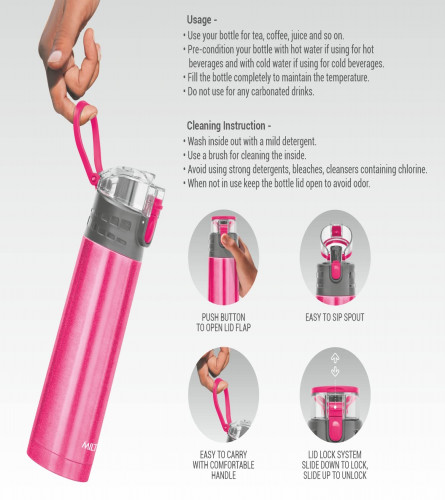 Milton Atlantis 600 Thermosteel Hot and Cold Water Bottle, 500 ml, Pink