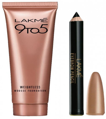 LAKMÉ 9 to 5 Weightless Mousse Foundation Mini, Beige Vanilla, Natural Matte Finish Cream Foundation - Long Lasting Full Coverage Face Makeup, 6 g & Lakmé Eyebrow Pencil, Black, 1.2g (pack 0f 3)
