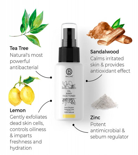 Brillare Oil Away 100% Natural Face Toner With Tea Tree, Lemon and Zinc
