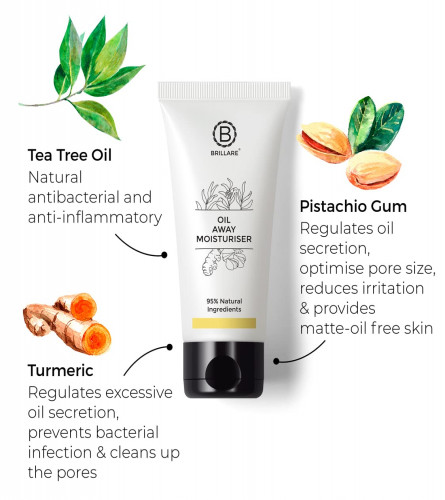 Brillare Oil Away Natural Moisturiser With Tea Tree and Turmeric, For Oily Acne Prone Skin