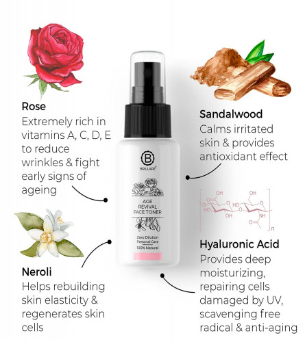 Brillare Age Revival 100% Natural Face Toner With Hyaluronic Acid, Rose and Sandalwood