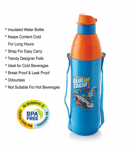 Cello Puro Junior Hot Wheel Print Plastic Water Bottle 600ml, Dark Blue, Set of 2 (Fs)