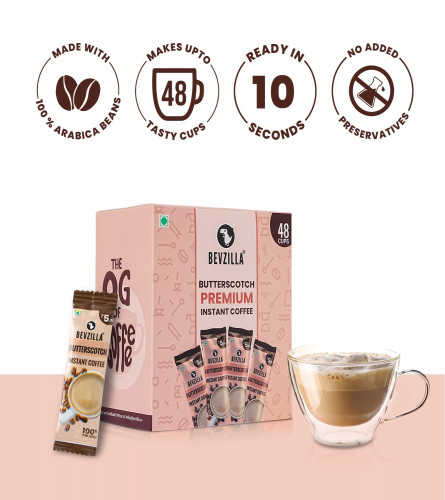 Bevzilla Instant Coffee Powder - 48 Sachets (Butterscotch)| Hot & Cold Coffee