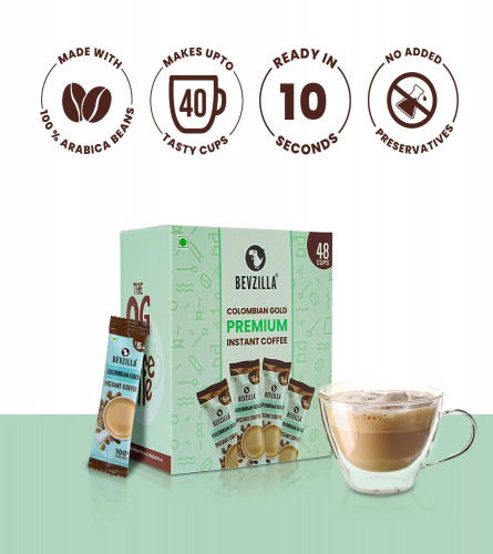 Bevzilla Instant Coffee Powder - 48 Sachets (Colombian Gold)| Hot & Cold Coffee