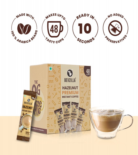Bevzilla Instant Coffee Powder - 48 Sachets (Hazelnut)| Hot & Cold Coffee
