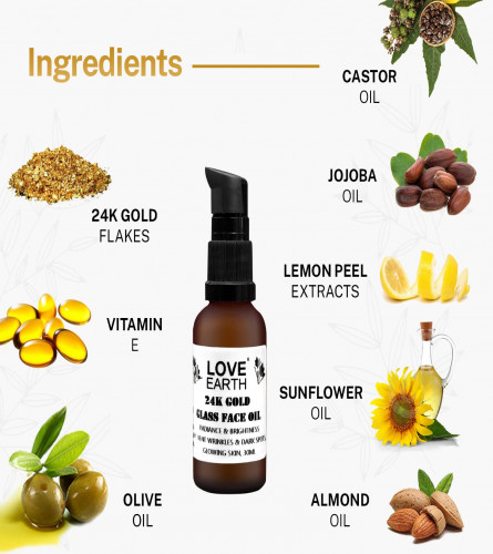 Love Earth 24K Gold Glass Face Oil With Pure Essential Oils and 24K Gold Flakes