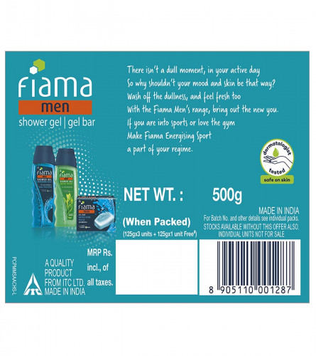 Fiama Men Energizing Sport Gel Bar, With, Lemongrass & skin conditioners,125g (Buy 3 Get 1 Free)