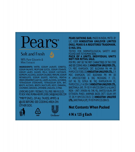 Pears Soft & Fresh Bathing Bar with 98% Pure Glycerine & Mint Extracts - For Fresh Glow (125g x 4)