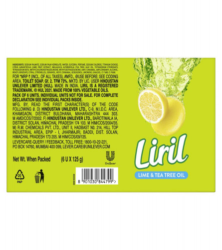 Liril Lime & Tea Tree Oil Soap 125 g (Pack of 6) Free Shipping Worldwide