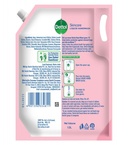 Dettol Liquid Handwash Refill  Skincare Hand Wash 1500ml | pH Balanced 10x Better Germ Protection